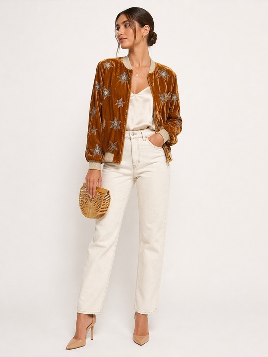 Zara Jackets & Blazers - ZARA Trafaluc‎ Velvet Star Embroidered Bomber Jacket Gold Brown M